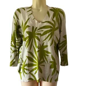Chico’s 2 White and Green Leaf Print Silk Blend Sweater Woman Size 12 Pullover